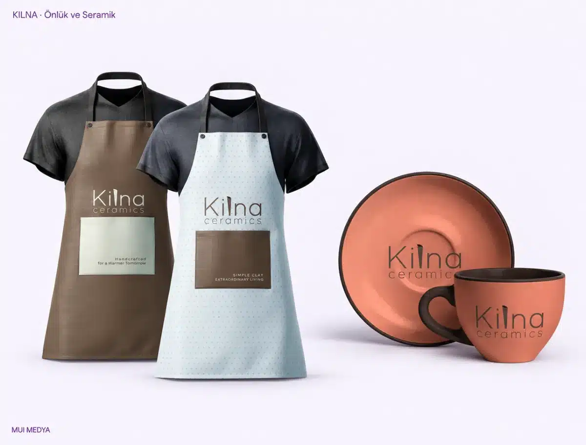 Kilna Ceramics marka kimliği; personel önlüğü, tabak ve kupa uygulamaları